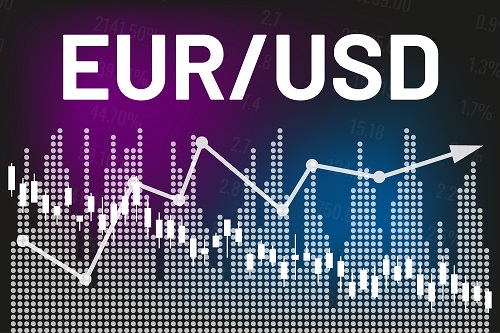 Graph Currency Pair Eur, Usd On Dark Blue And Violet Finance Background From Columns, Candlesticks, Arrow