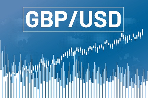 Graph Currency Pair Gbp, Usd On Blue Finance Background From Columns, Candlesticks, World Map
