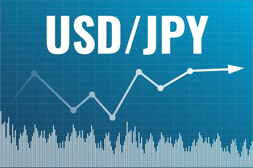 Graph Currency Pair Usd, Jpy On Blue Finance Background From Columns, Arrow, Grid. Financial Market Concept