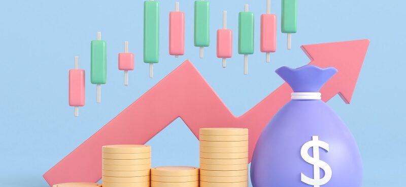 3d Render Trading Investment Bag Money And Coin Stack. Business Trading And Arrow Growth Concept. Savings, Income And Returns. Stock Market And Candlestick Chart Rising. 3d Rendering Illustration.