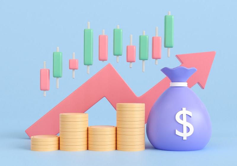 3d Render Trading Investment Bag Money And Coin Stack. Business Trading And Arrow Growth Concept. Savings, Income And Returns. Stock Market And Candlestick Chart Rising. 3d Rendering Illustration.