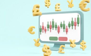 3d Rendering Of Computer Screen With Stock Market Trading Graph On Screen And Money Currency Coin Icon Floating Around With Copy Space Concept Of Trading On Laptop. 3d Render Illustration.
