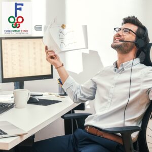 Great! Happy And Successful Bearded Trader In Headset Holding Financial Report, Talking With Client And Gesturing While Sitting In Front Of Monitor Screens In The Office.