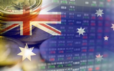 Stock Market Investment Trading Financial, Coin And Australia Flag Or Forex For Analyze Profit Finance Business Trend Data Background.