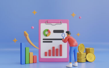 3d Business Strategy Concept. Charts And Graph With Businessman Character, Analysis Business Financial Data. Charts And Graph, Analysis Business Financial Data, Dollar Coins, Magnifying Glass, Online Marketing Isolated On Blue Background. 3d Rendering