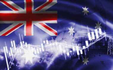 Australian Flag, Stock Market, Exchange Economy And Trade, Oil Production, Container Ship In Export And Import Business And Logistics.