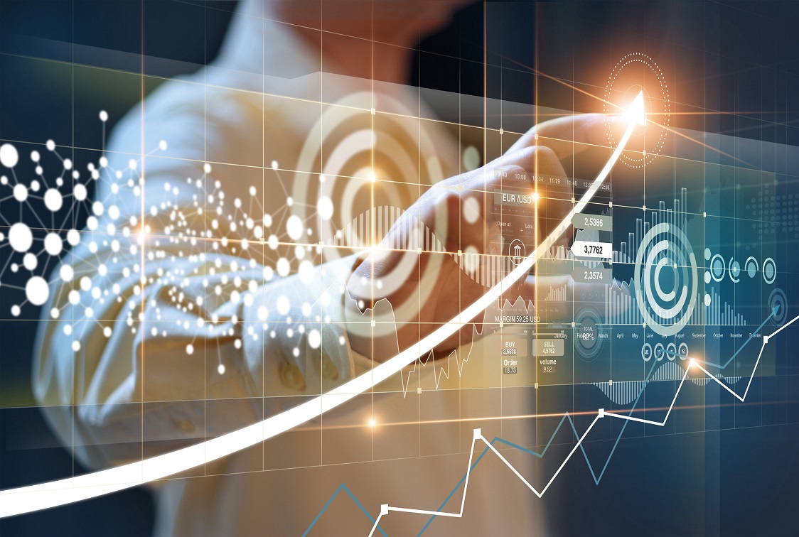 Businessmen Point To Arrows And Business Growth Graphs On A Modern Virtual Interface On Global Network, Banking, Stock Market And Currency Exchange.