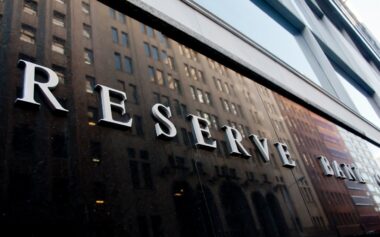 Reserve Bank Of Australia Building Name On Black Stone Wall In The Center Of Sydney Nsw Australia.