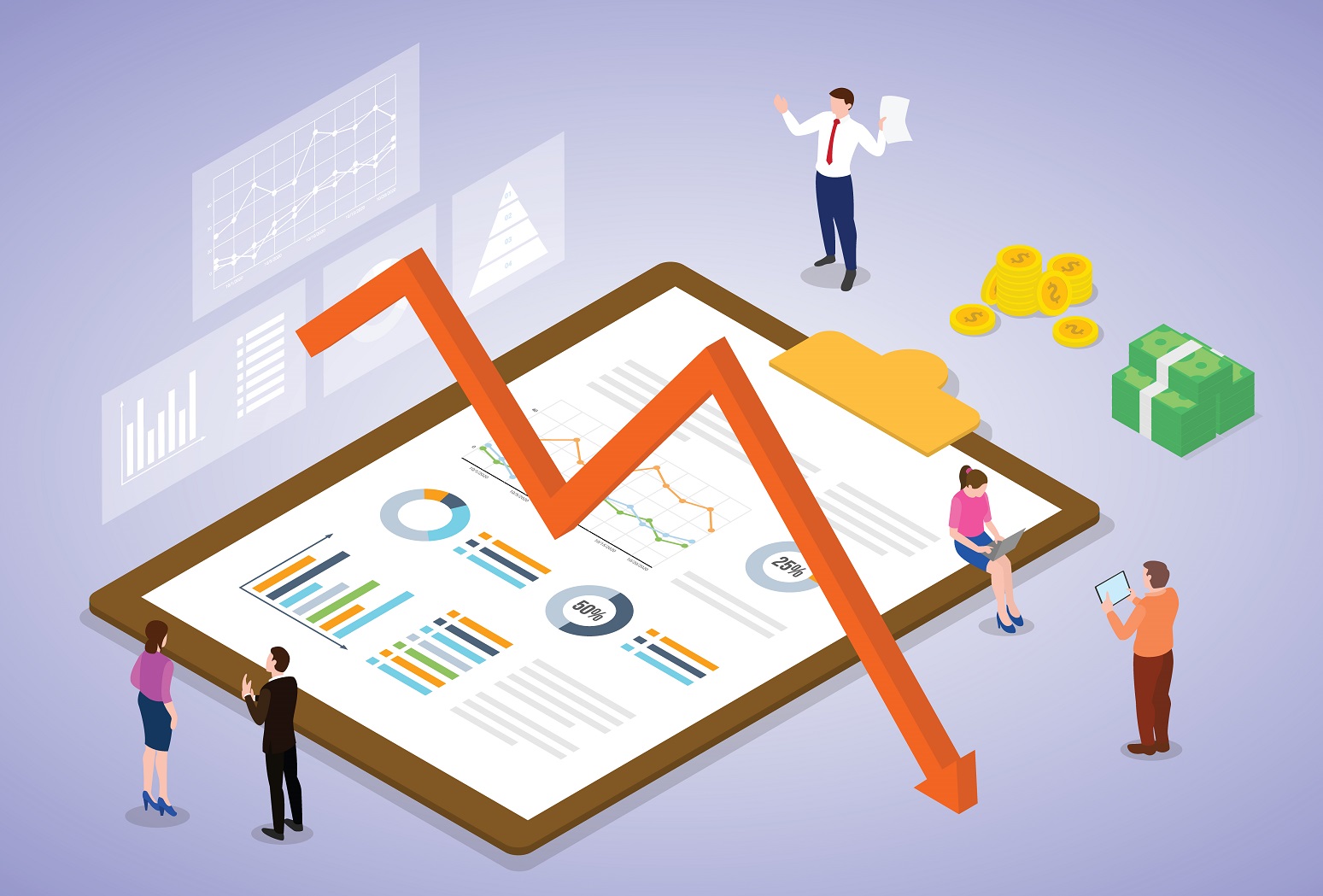 Business And Market Crisis Depression With People Team Work On Some Analysis Report Document With Isometric Modern Flat Style